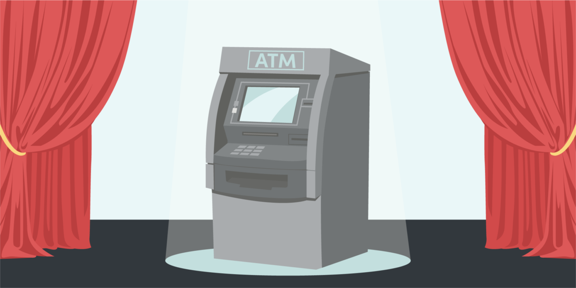 Illustration of a grey ATM machine on a black stage in blue spotlight with red curtains. This ATM is used to symbolize access to capital and borrowing money through public and private markets such as bond loans, and private placements.