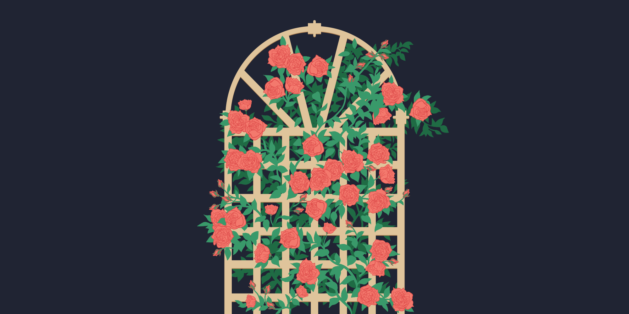 Garden trellis with bountiful red roses