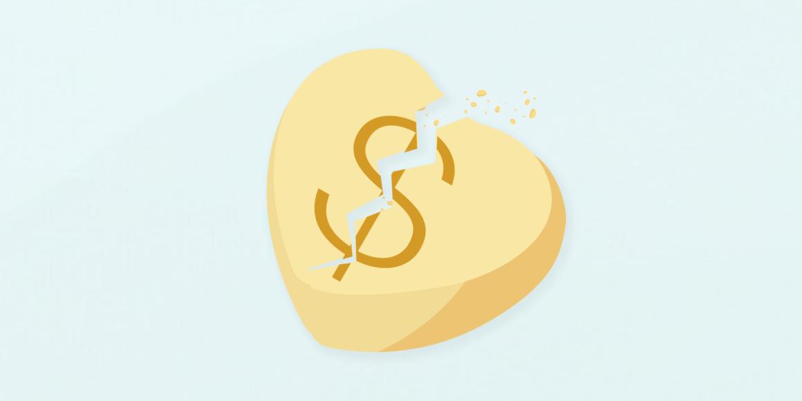 broken golden heart with a dollar sign in the center, symbolizing financial infidelity. The cracked heart represents the betrayal and trust issues that arise when financial secrets are kept in relationships, highlighting the emotional and monetary consequences of dishonesty with money.