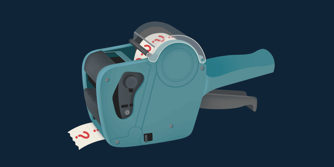 A blue price labeling gun printing tags with question marks instead of prices, symbolizing the trade uncertainty and unpredictability of trade policies and tariffs. Just as a pricing gun is meant to assign clear costs, tariffs, (especially those imposed by the U.S. on Canada) create confusion about economic impact, business costs, and trade stability. This visual metaphor highlights how tariffs leave businesses guessing about future prices, competitiveness, and profitability in an unstable market.