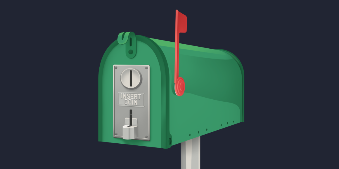 A green mailbox with a red flag, featuring a coin slot and a lever labeled “INSERT COIN.” The image plays on the idea that you’ll have to pay more for what you want, symbolizing the impact of tariffs and rising costs on everyday essentials, including trade and services.
