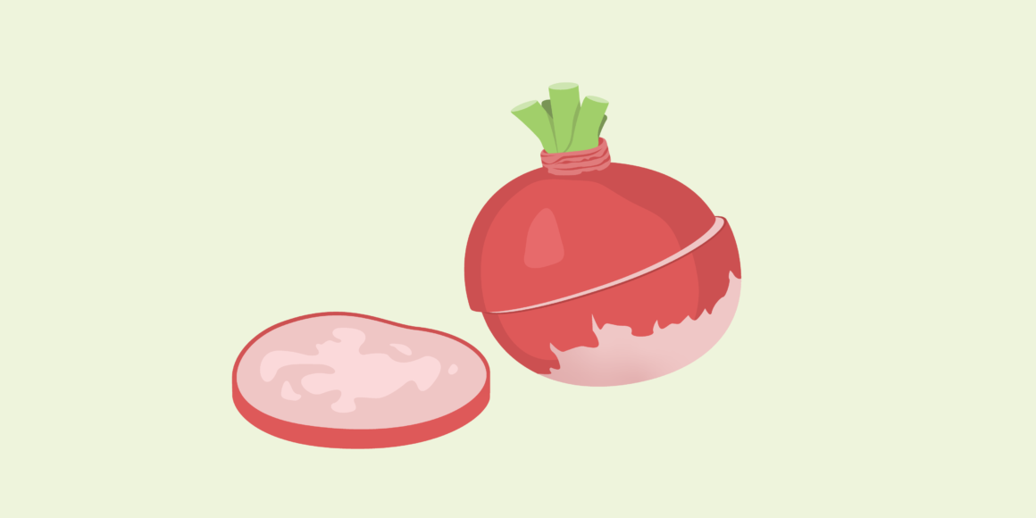 This is an illustration of a red radish with some pink hues with a slice taken out of it and put to the side on a light green background. This image represents a small business tax write-off in Canada by symbolizing how taxable income is reduced after deductions. The sliced portion signifies the amount “cut” from taxable income, leaving the business with a new, smaller tax burden.