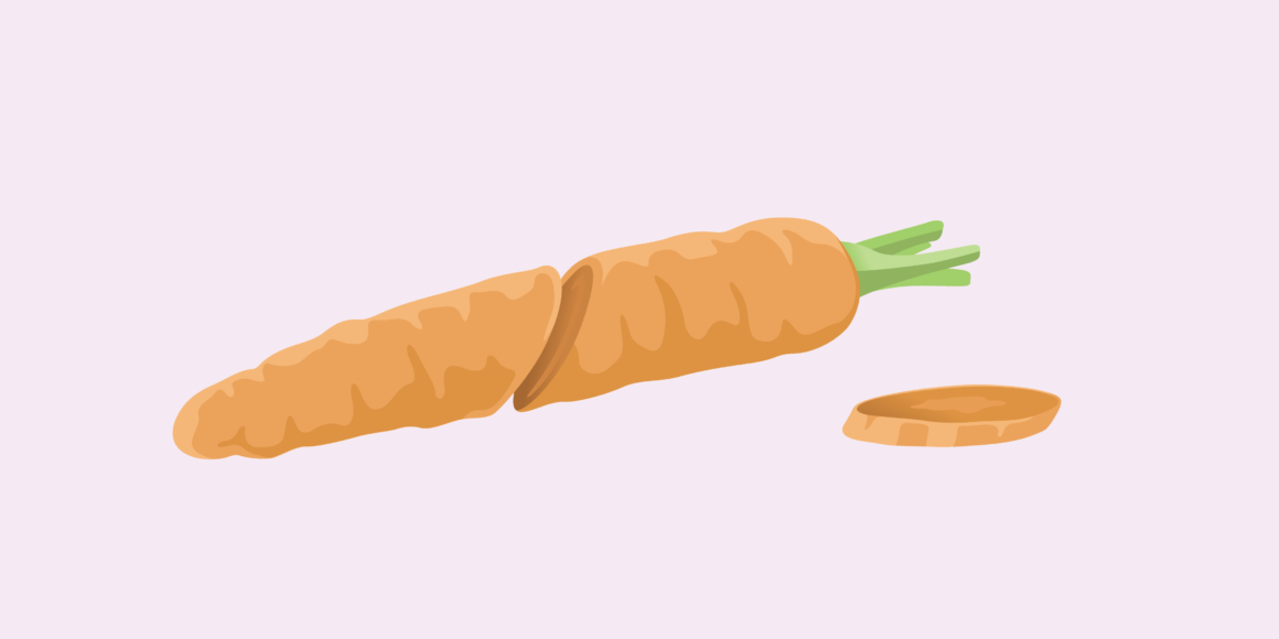 This illustration of a carrot set against a soft pastel purple background, with its warm orange tones and green leaves. This image is to visually represent tax write-offs for small business Canada by symbolizing how taxable income is reduced through deductions. There's also a sliced-off portion of the carrot set off to the side in the image which is to represent the part of income that is removed when businesses claim eligible expenses, resulting in a smaller taxable amount.