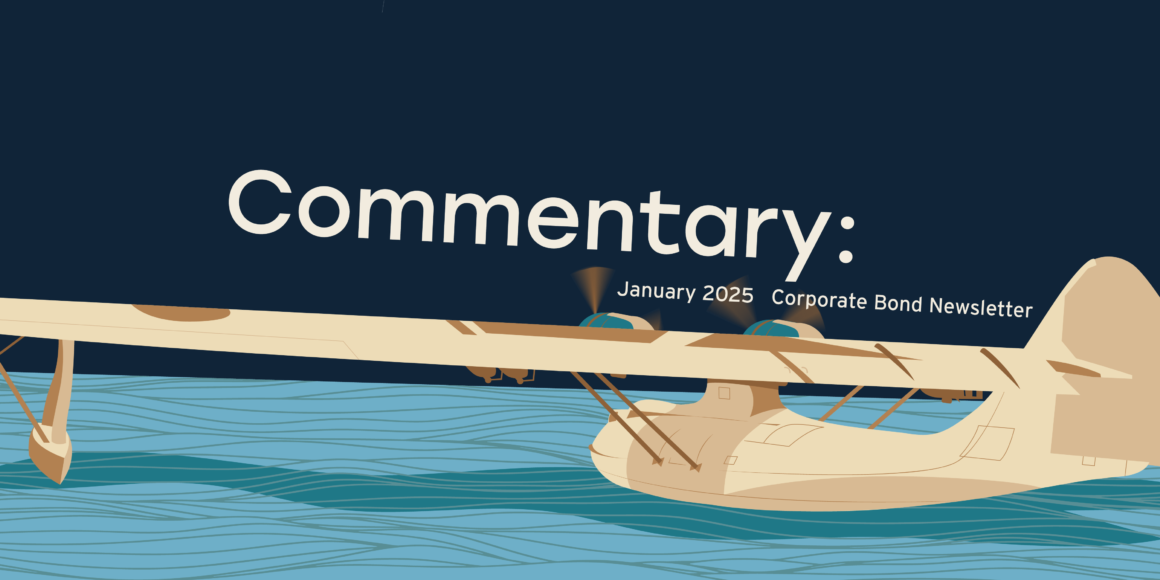 A stylized digital illustration of a vintage seaplane floating on water under a dark blue sky. The text "Commentary: January 2025 Corporate Bond Newsletter" is prominently displayed in white, bold letters across the upper portion of the image, slightly angled. The illustration features shades of blue for the water and beige tones for the seaplane, with visible propellers and pontoons.