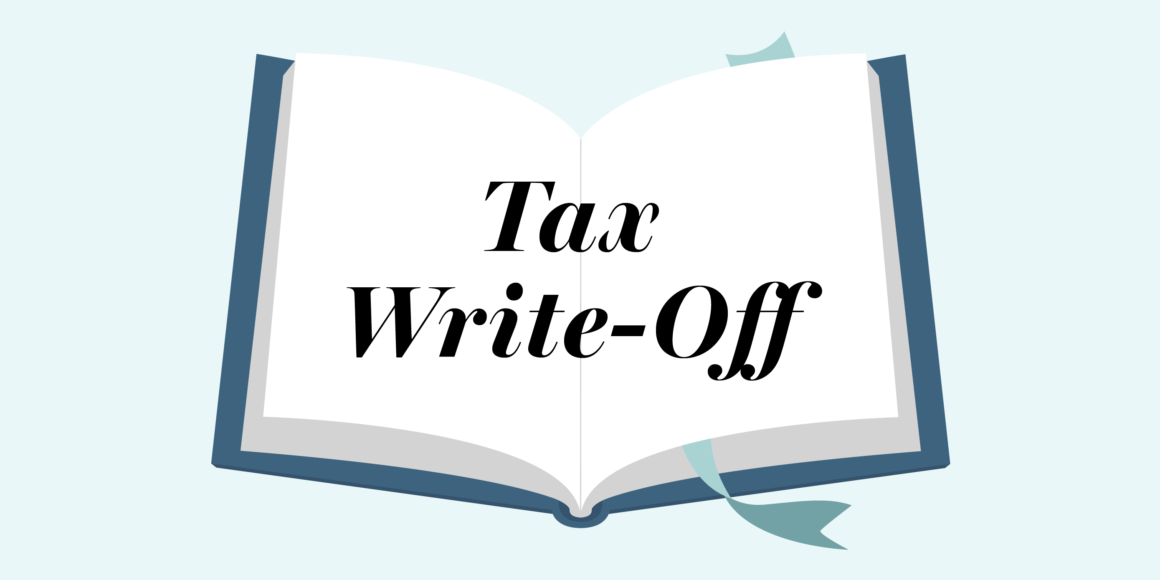 Open book on a baby blue background with the words Tax Write-Off written across it to show that the article will be about what is a write-off for taxes.