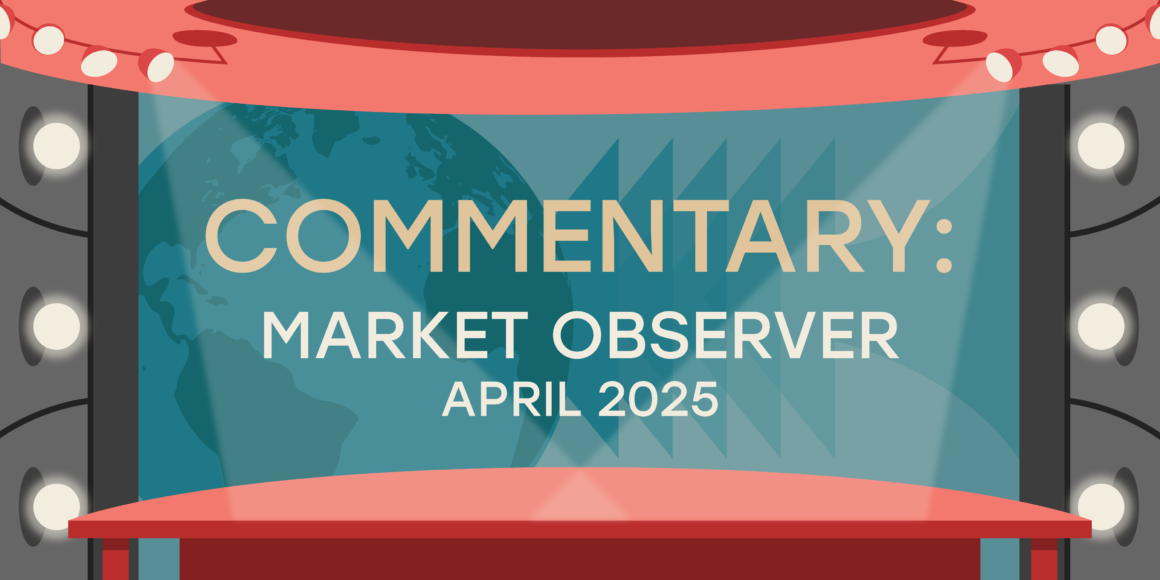 Illustration of a television news studio with a headline display reading "Commentary: Market Observer April 2025." The graphic is related to a financial article discussing market volatility in Canada and the global economic impact of reciprocal tariffs imposed during the U.S.–China trade conflict.