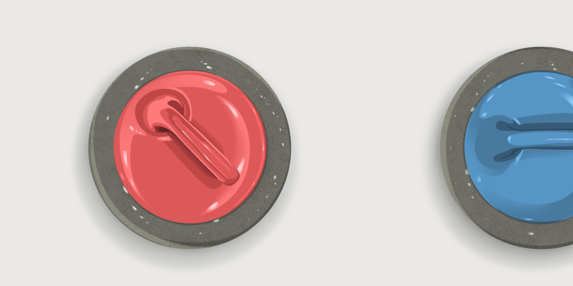 Illustration of two curling stones, one red and one blue symbolizing opposing forces - used metaphorically to represent the impact of tariffs on the stock market and the impact of tariffs on the bond market.