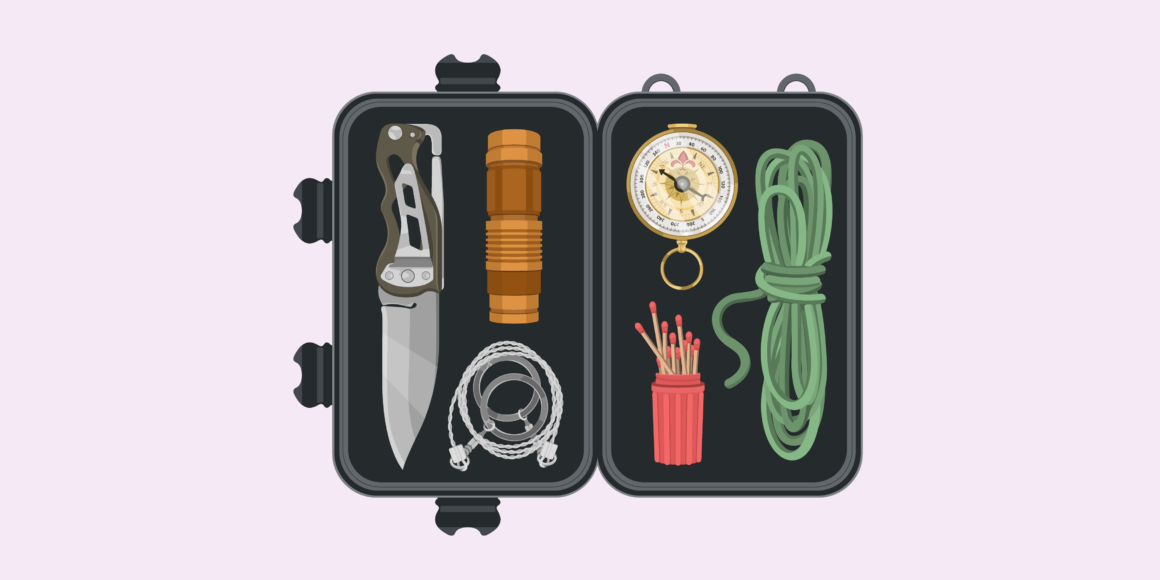 Illustration of a survival kit containing a knife, flashlight, compass, rope, wire, and matches inside an open black case. This visual metaphorically represents preparing for uncertainty amid Trump tariffs and the Canada economy impact. Ideal for illustrating the potential tariff impact and the need for economic resilience and readiness.