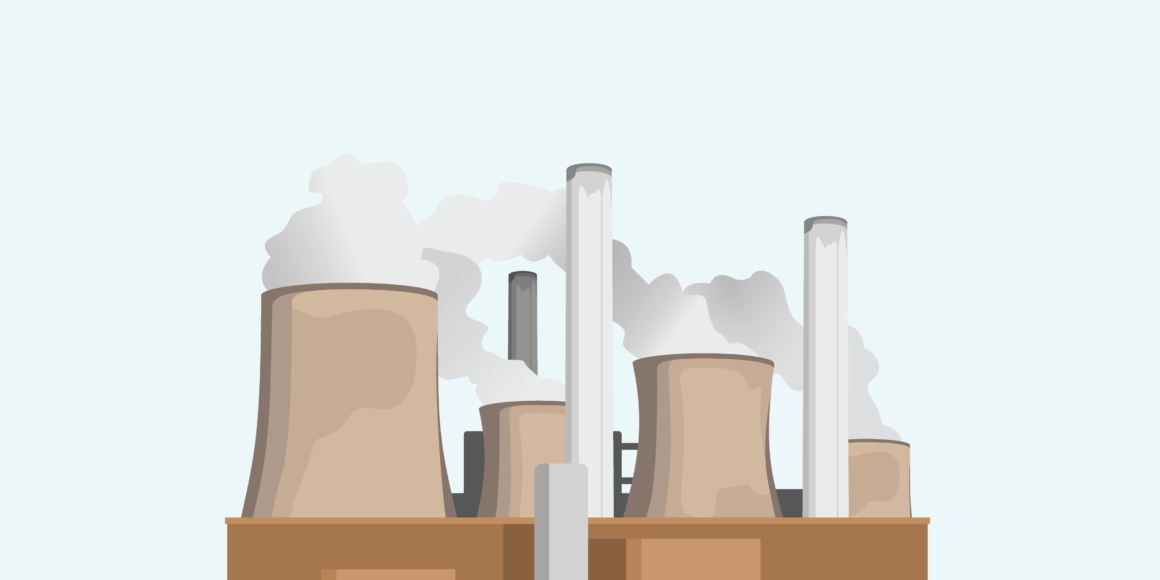 Illustration of an industrial factory with smokestacks emitting steam, symbolizing international trade and manufacturing. Represents themes of "what does the U.S. export to Canada" and "what does Canada export to the U.S." in the context of cross-border economic activity and trade relations.