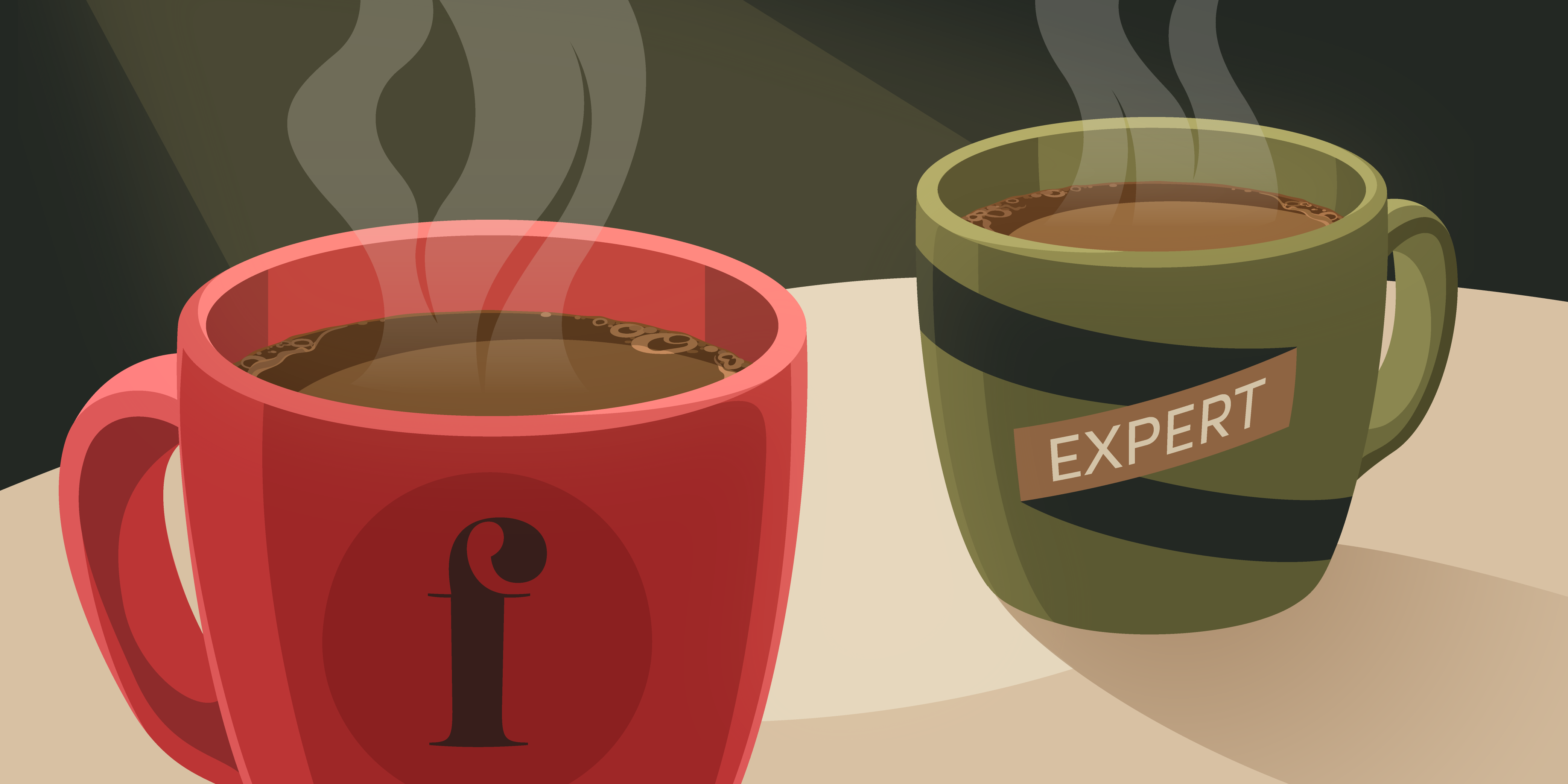 Illustration of two steaming coffee mugs on a table. The red mug on the left features the Financial Pipeline logo, and the green mug on the right has the word "EXPERT" on it. The image symbolizes a casual conversation or interview, representing a coffee chat between Financial Pipeline and capital markets expert Jacqueline Szeto.