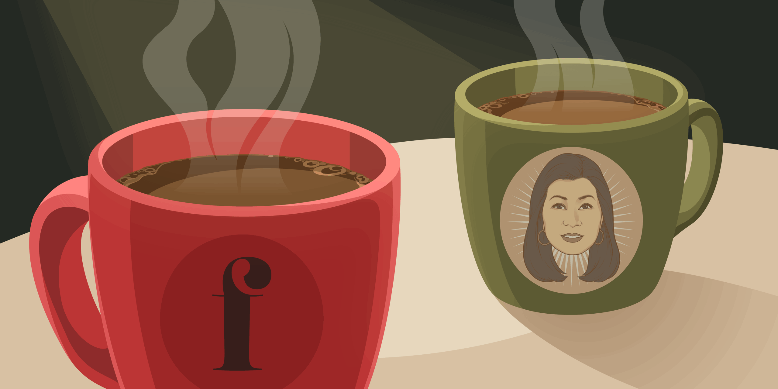 Illustration of two steaming coffee mugs on a table. The red mug on the left features the Financial Pipeline logo, and the green mug on the right has the word "EXPERT" on it. The image symbolizes a casual conversation or interview, representing a coffee chat between Financial Pipeline and capital markets expert Jacqueline Szeto.