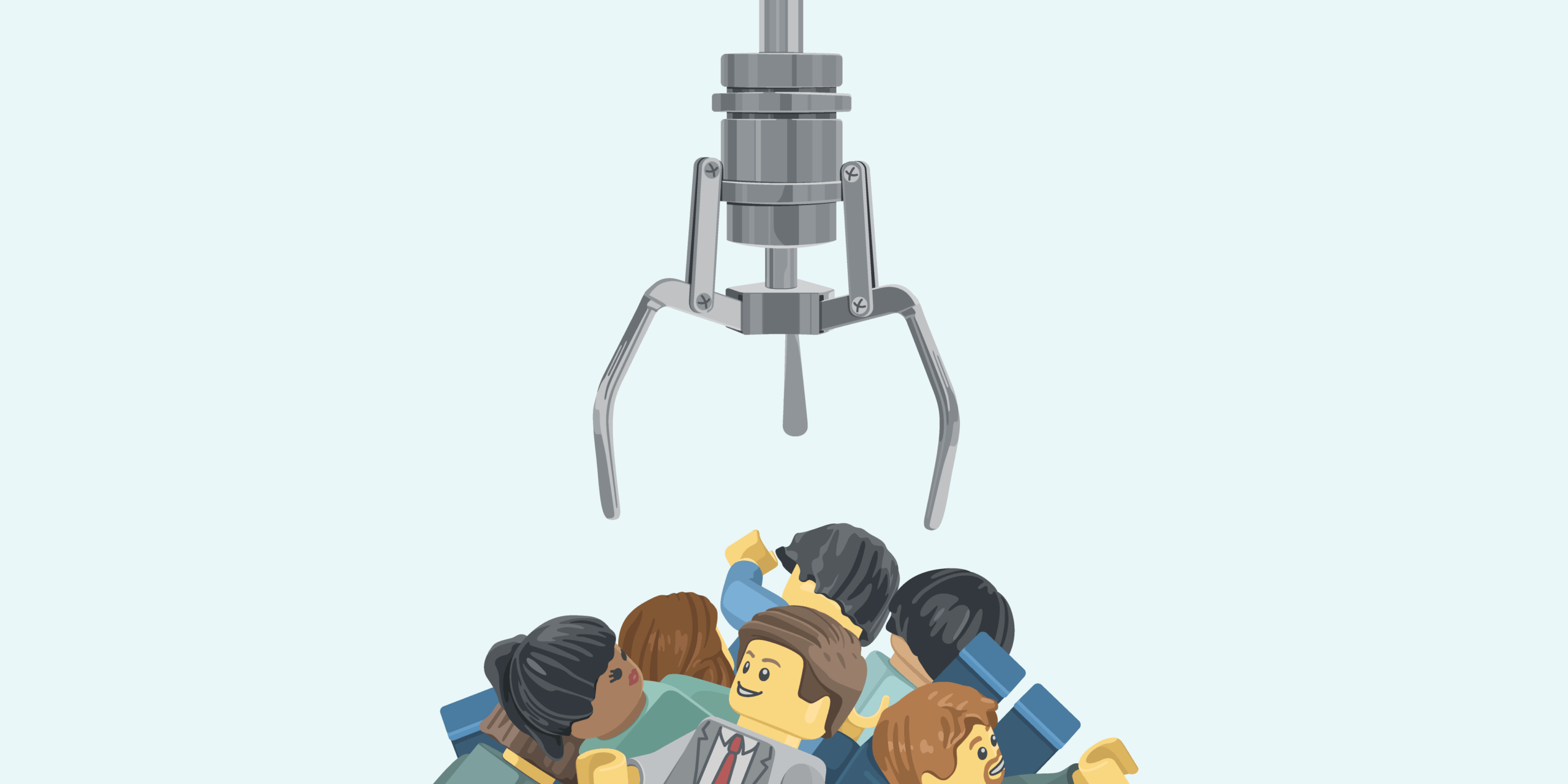An illustration of a metallic claw machine arm descending toward a group of Lego-style people, symbolizing job candidates. The individuals appear anxious and hopeful, highlighting the competitive nature of AI-driven hiring processes. This visual metaphor represents the AI impact on jobs and potential AI job loss, as automated systems increasingly determine who advances in recruitment, often based on biased or opaque algorithms.