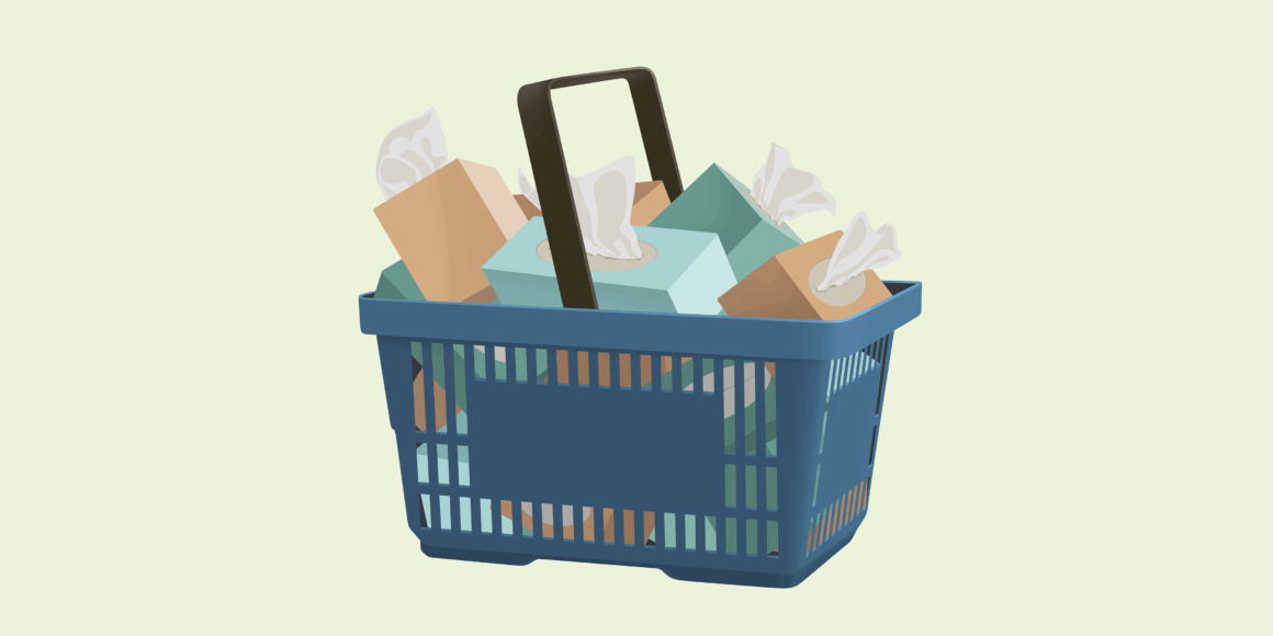 A navy blue shopping basket overflowing with tissue boxes against a light green backdrop, symbolizing unnecessary purchases. This image represents the concept of impulse spending and serves as a visual cue for discussions around how to control impulse spending and make more intentional buying decisions.