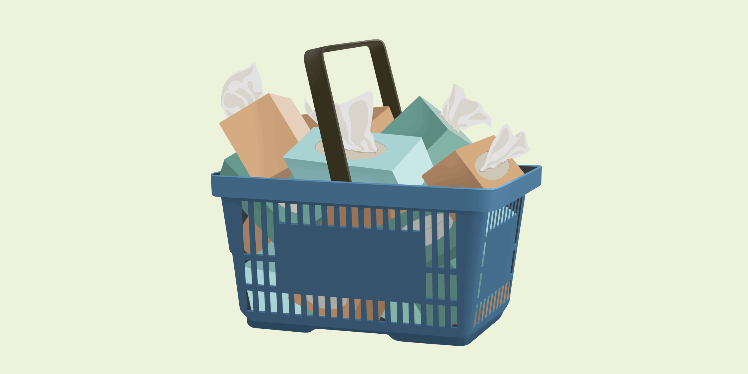 A navy blue shopping basket overflowing with tissue boxes against a light green backdrop, symbolizing unnecessary purchases. This image represents the concept of impulse spending and serves as a visual cue for discussions around how to control impulse spending and make more intentional buying decisions.