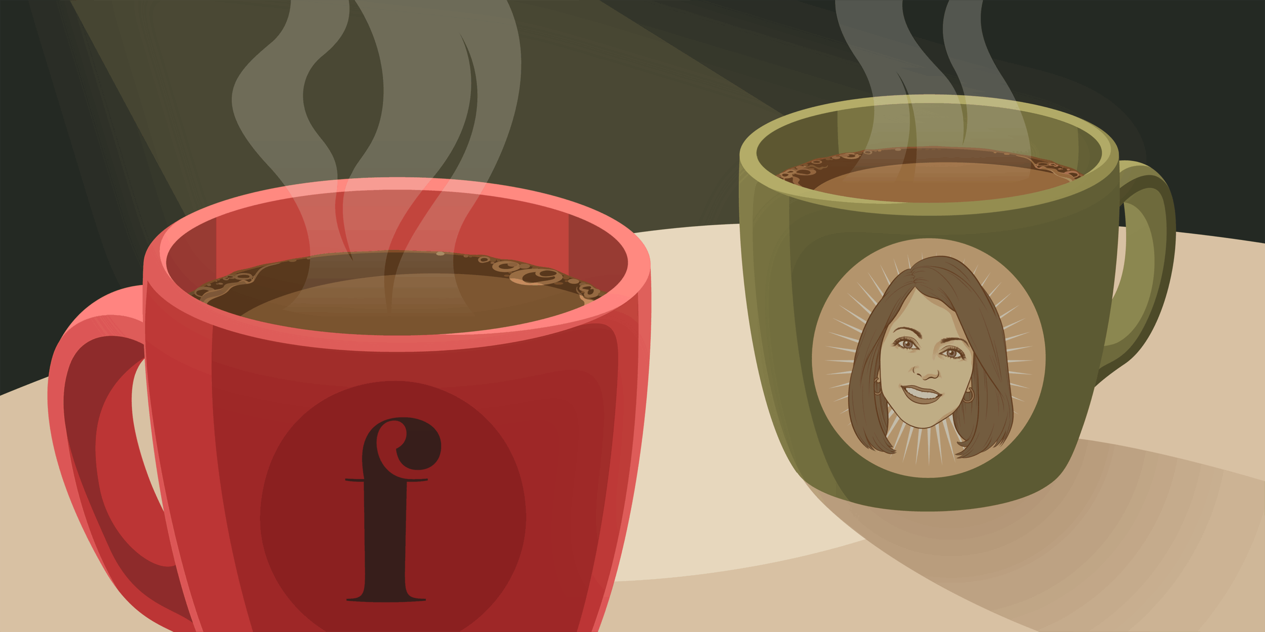 Two steaming coffee mugs sit on a table under a spotlight. The red mug on the left features a stylized lowercase "f" logo, while the green mug on the right displays an illustrated portrait of a smiling woman with brown hair and hoop earrings. The woman depicted is Annabella Tamburro.