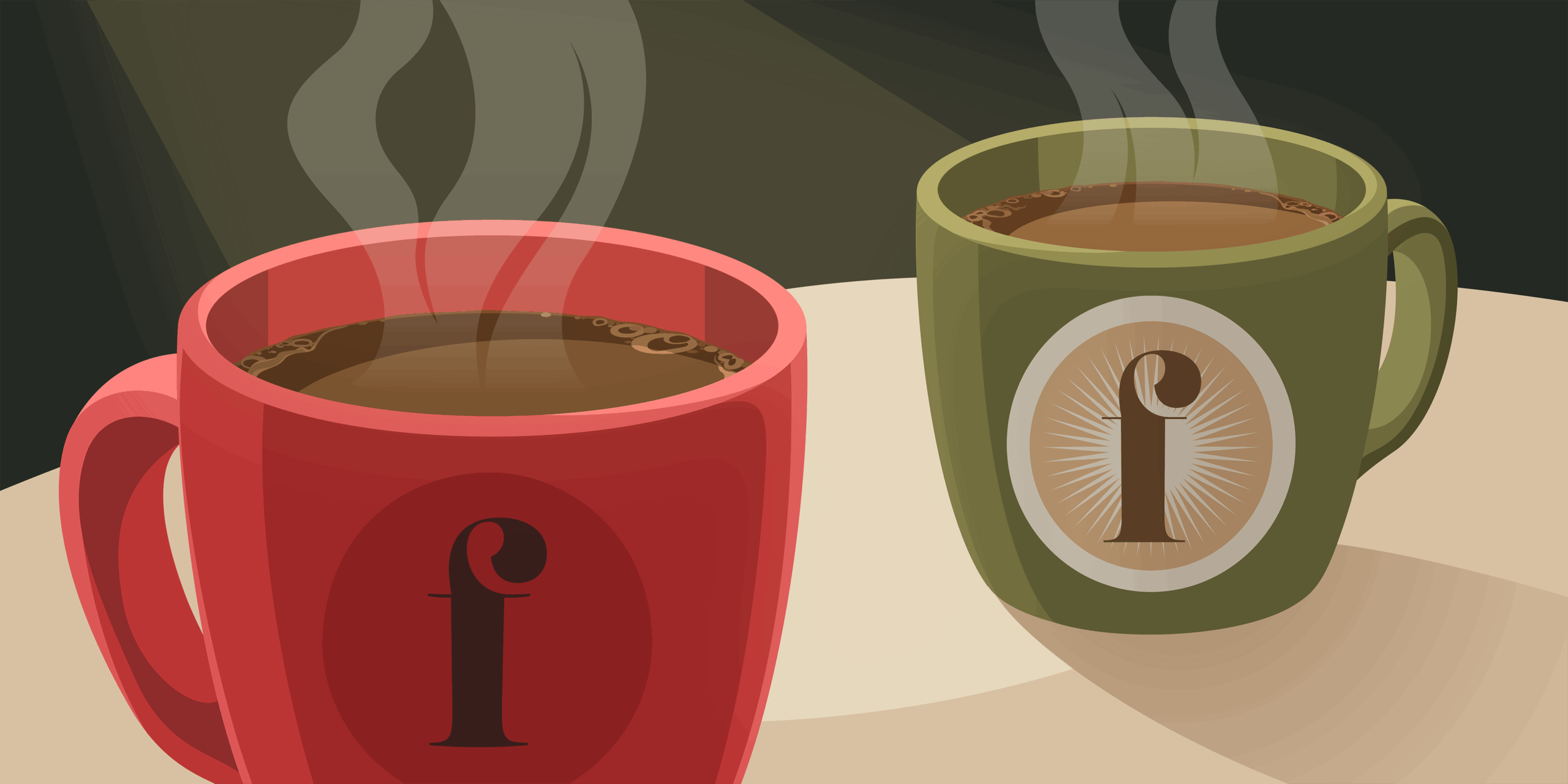 Illustration of two steaming coffee mugs on a table, symbolizing a casual conversation about entrepreneurship. The red mug features the Financial Pipeline “f” logo, while the green mug shows a cartoon portrait of John Carswell, founder of Canso Investment Counsel Ltd. The image sets the tone for an insightful discussion on what aspiring entrepreneurs should consider before starting their journey.