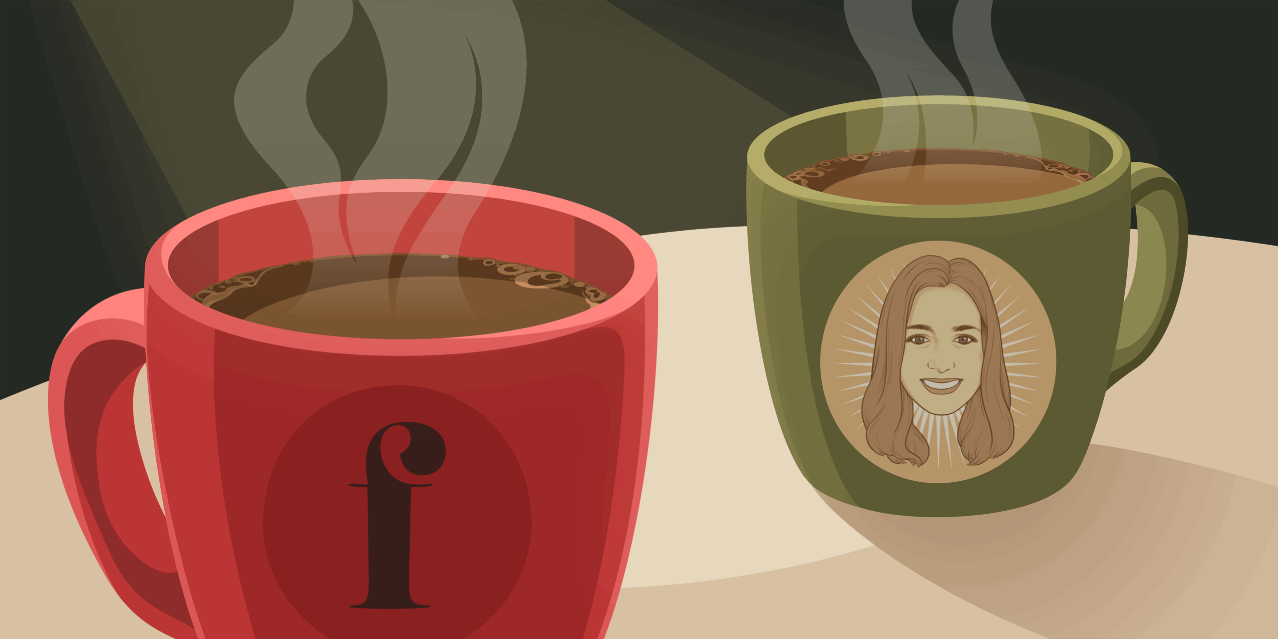 Illustration of two steaming coffee mugs on a table. The red mug features a lowercase “f” logo representing Financial Pipeline, and the green mug displays a stylized portrait of Romina, the article’s author. The warm, inviting scene reflects themes from the article about career growth, personal storytelling, networking over coffee chats, and embracing a non-traditional path to success.