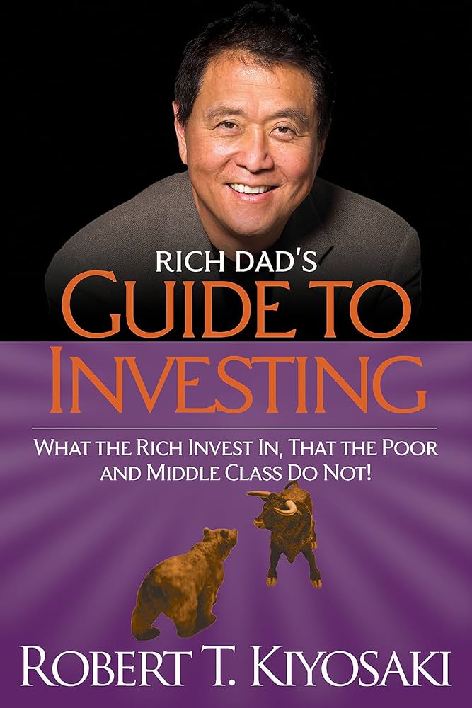 The image shows the book cover for "Rich Dad's Guide to Investing" by Robert T. Kiyosaki. The top half features a photo of the author smiling against a dark background. The title text is large, with "Guide to Investing" in orange, and the subtitle below in white: "What the Rich Invest In, That the Poor and Middle Class Do Not!" At the bottom, two bronze-colored figures of a bull and a bear face each other, symbolizing the stock market. The author's name is written in white capital letters at the bottom.