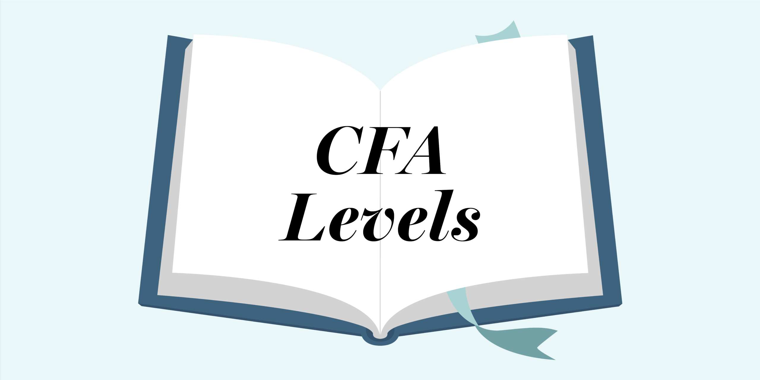 Illustration of an open book with the words "CFA Levels" written across its pages, representing the three levels of the Chartered Financial Analyst (CFA) program. The book has a dark blue cover and a ribbon bookmark, set against a light blue background.