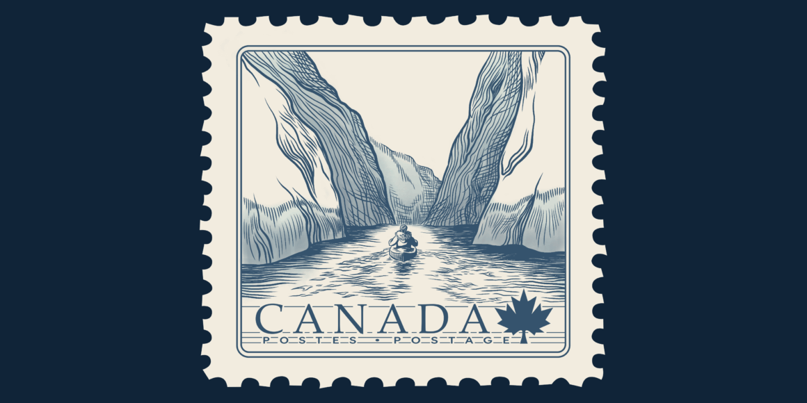 Illustrated Canada postage stamp in blue and cream showing a lone canoeist paddling between steep canyon walls, rippling water, maple leaf emblem, and bilingual “Canada Postes Postage” text.