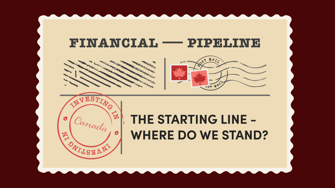 Vintage-style graphic for Financial Pipeline. It resembles a postage stamp with beige background and scalloped edges. Top section includes the words “FINANCIAL PIPELINE” in bold black letters, two red maple leaf stamps, and postal markings. Bottom section has a red circular stamp that reads “INVESTING IN Canada” and bold black text saying “THE STARTING LINE – WHERE DO WE STAND?”. The design evokes a Canadian postal theme.