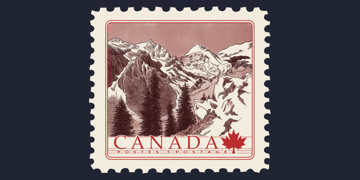 Red Canadian stamp on navy blue background. Mountains on stamp in brown with white snow and dark brown trees. Canada is written in red, with POSTES and POSTAGE written below with a red maple leaf to the right.
