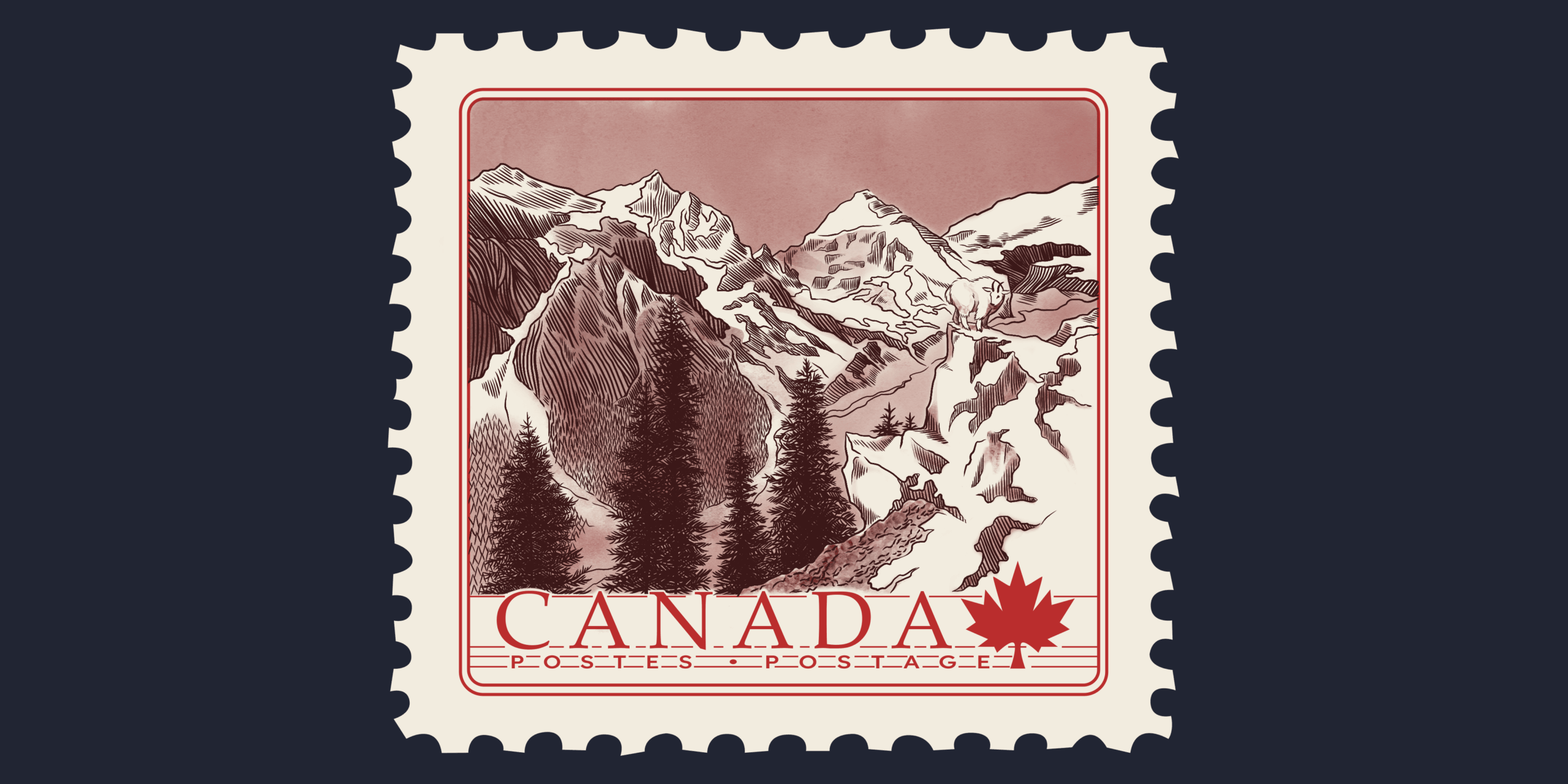 Red Canadian stamp on navy blue background. Mountains on stamp in brown with white snow and dark brown trees. Canada is written in red, with POSTES and POSTAGE written below with a red maple leaf to the right.