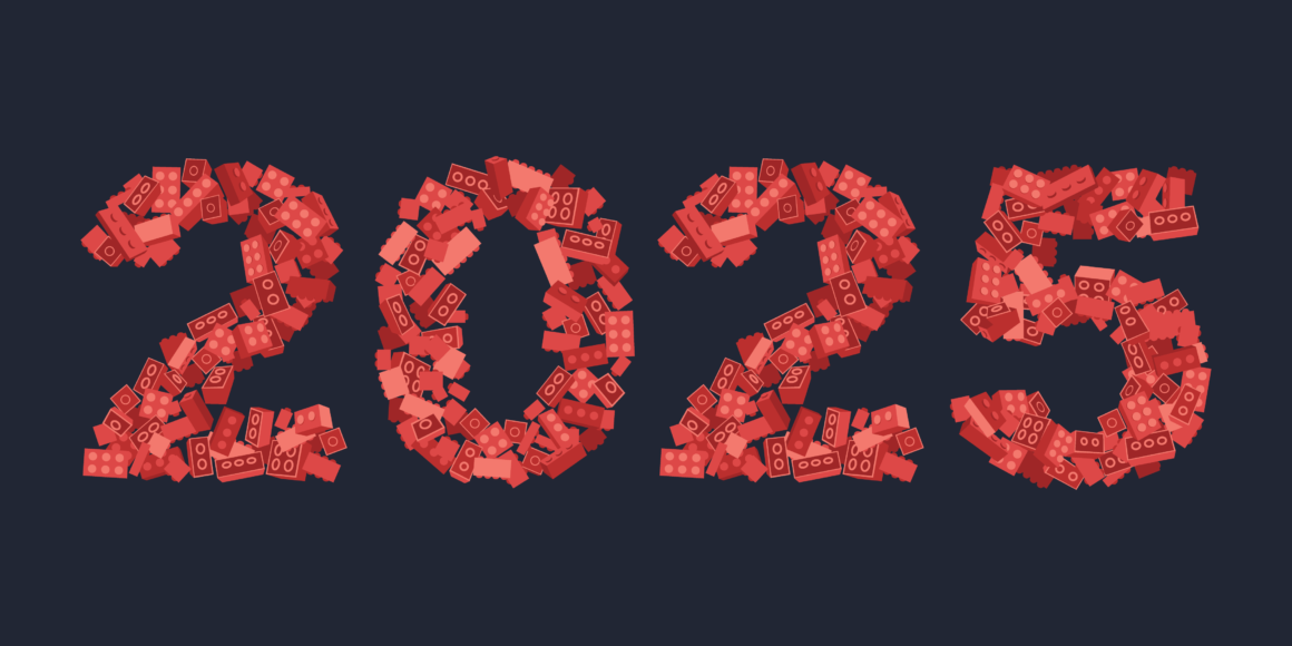 2025 written out in scattered red lego pieces.