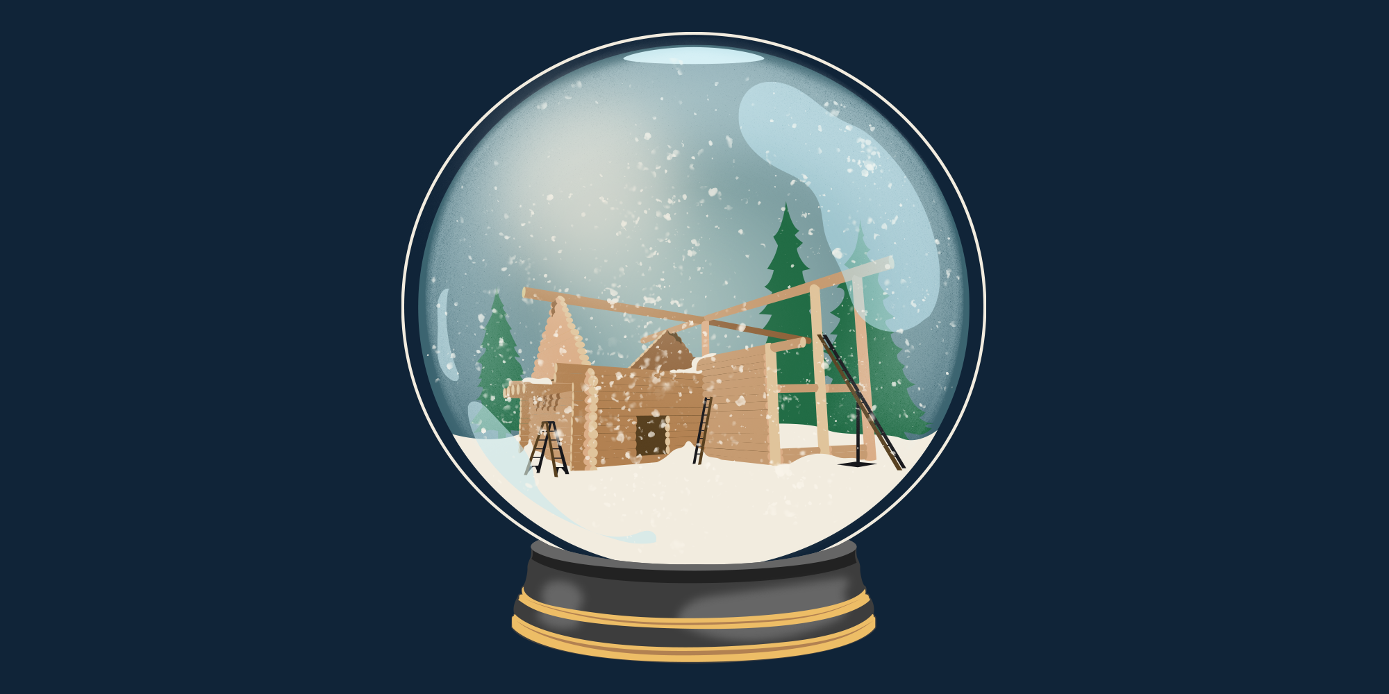 A glass snowglobe filled with blue sky, falling snow, snow on the ground, evergreen trees, and a log cabin in construction. The cabin has an open roof with scaffolding all around and ladders leading to the unbuilt roof. The globe has a shine on the glass. The snowglobe is sitting on a navy blue background.
