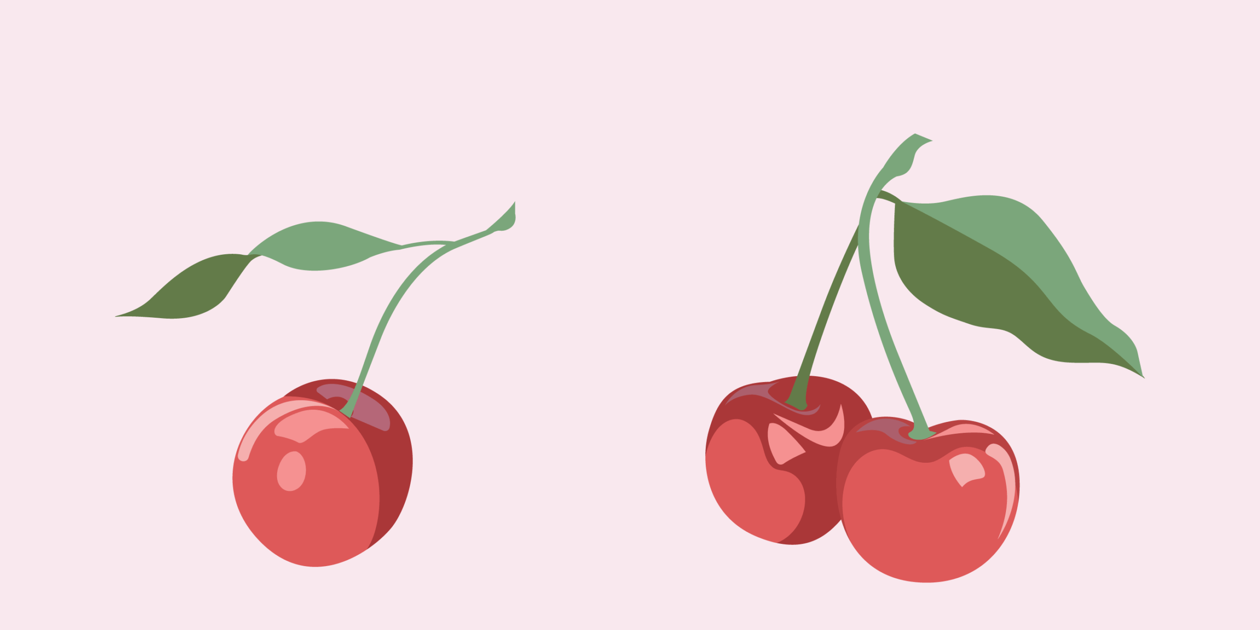 A pastel pink background with bright red and shaded cherries. There is one single cherry on the left with a green stem and leaf. There are two cherries on the right connected with green stems and one leaf. The cherries all have a glossy look. This image uses one versus two cherries to demonstrate a separate versus merged account.