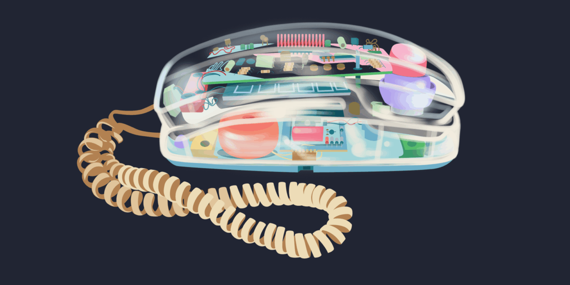 A see through phone with a coily brown cord. The inner workings of the phone are all displayed in blue, red, green, and brown. It is sitting on a navy background ready to be used.