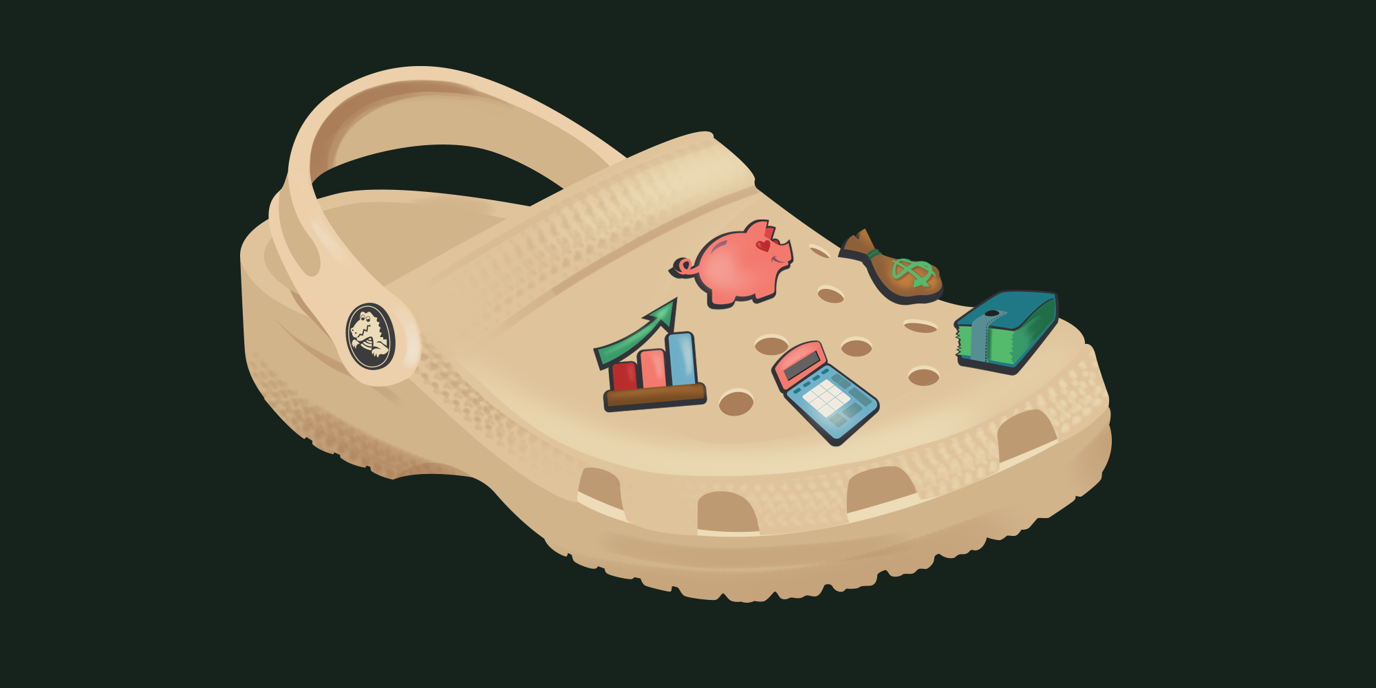 A dark pine green background with a tan croc in the center. The croc has charms on it including a pink pig with a heart eye, a brown money bag with a green dollar sign on it, a green stack of bills, and blue and orange calculator, and a bar graph with increasing columns and an arrow pointing diagonally upward to the right.