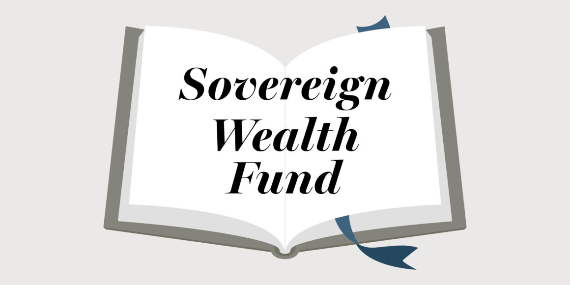 An illustrated open book on a grey background with the words “Sovereign Wealth Fund” written across the pages in bold script. A dark blue ribbon bookmark curls around the bottom edge. This image uses an open book to represent learning, making it the perfect visual to explore What is a sovereign wealth fund?