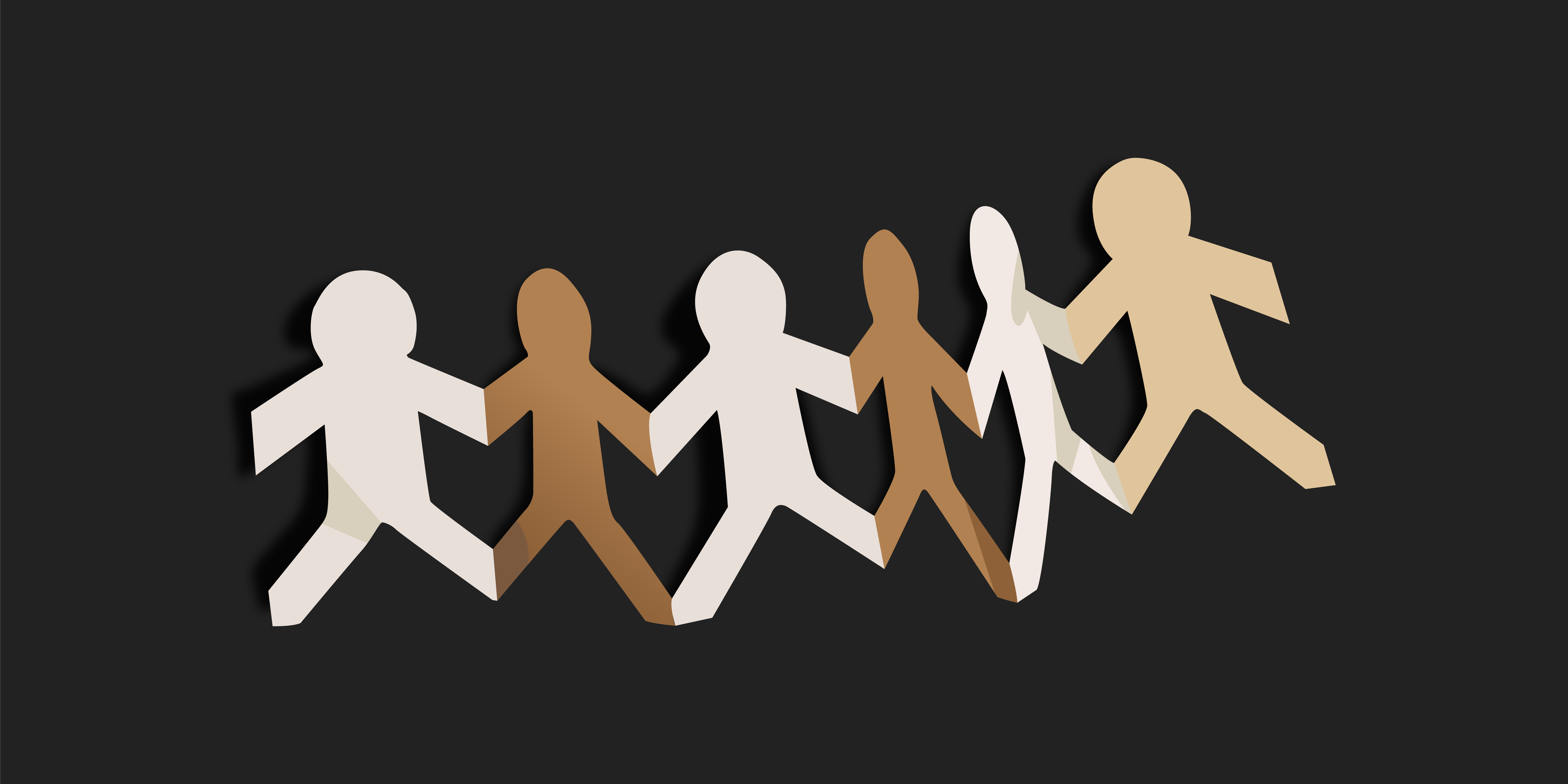 A black background with a paper chain of people that are connected by feet and holding hands. The chain alternates in colours with white, beige, and brown, each with shading on the body.
