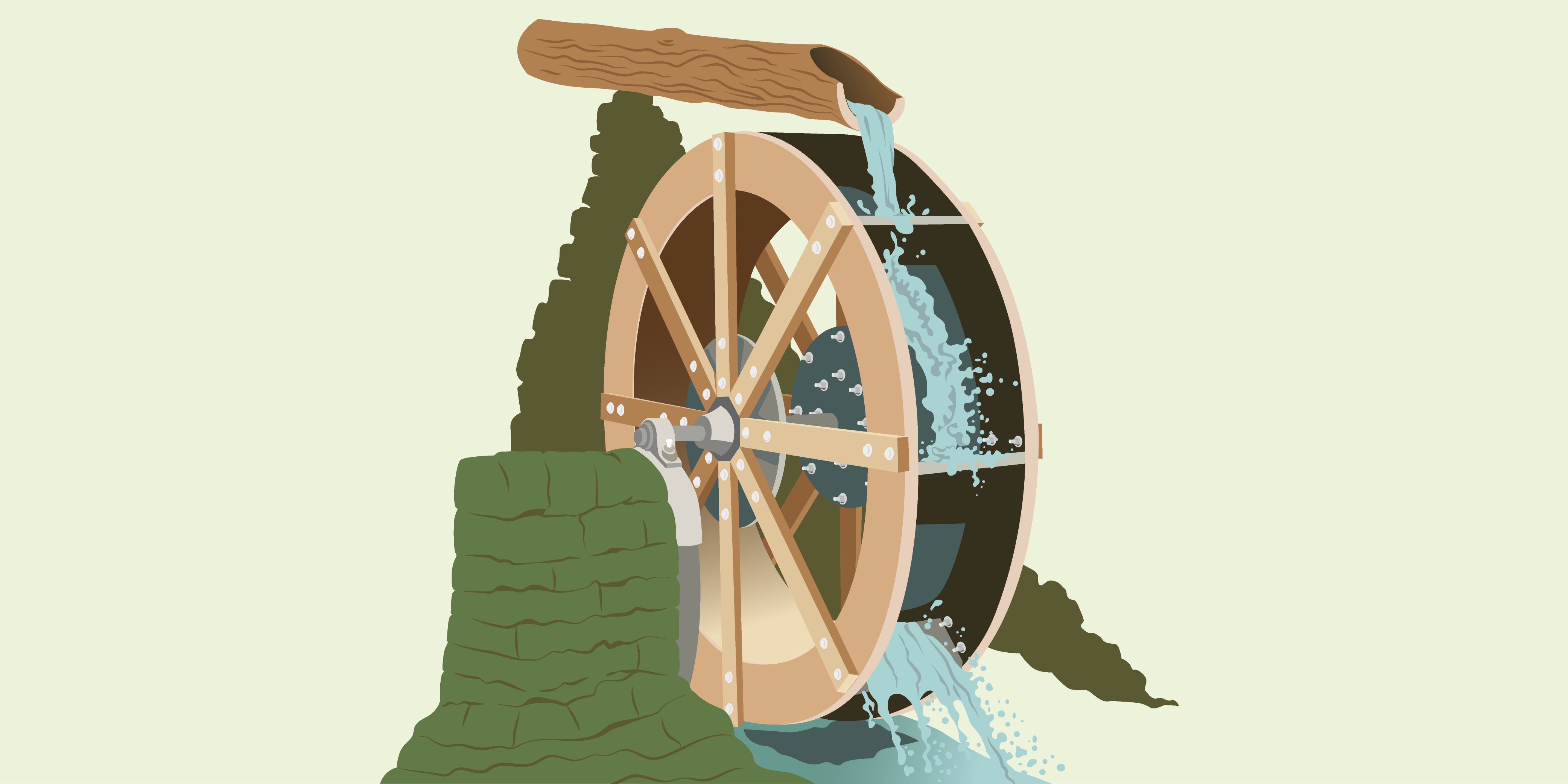 A watermill that has water flowing through. The mill is brown with a log that is on top leaking the water into the mill. There are a couple of green trees surrounding the mill. The water is blue and flowing through to represent flow through shares.