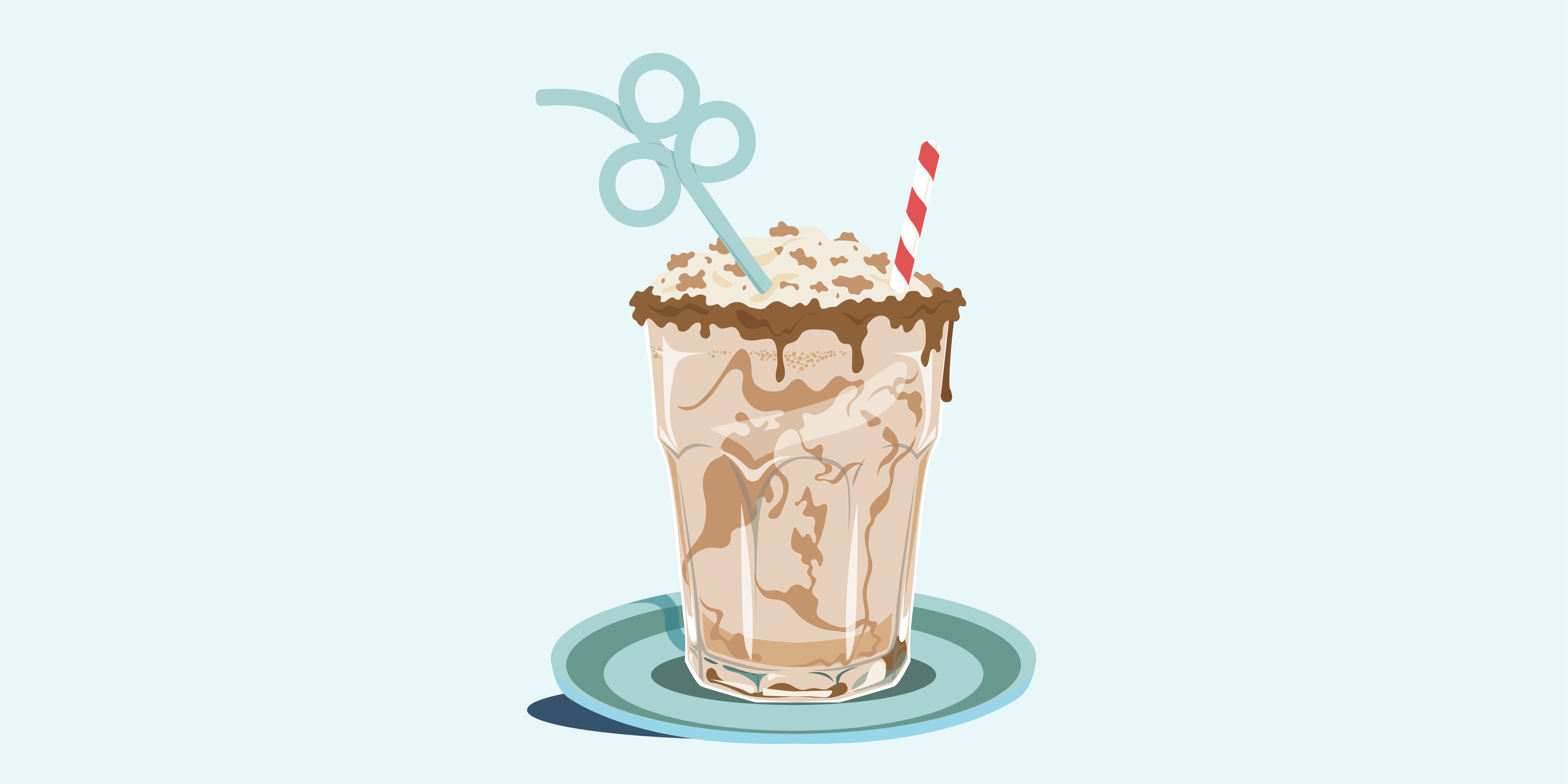 A chocolate milkshake that has dark chocolate mixed throughout. There is chocolate dip surrounding the top of the glass and dripping down the sides of the glass. There is a dollop of whipped cream on top with chocolate bits scattered throughout. The glass has two straws sticking out, one is white and red striped and the other is turquoise and curly.