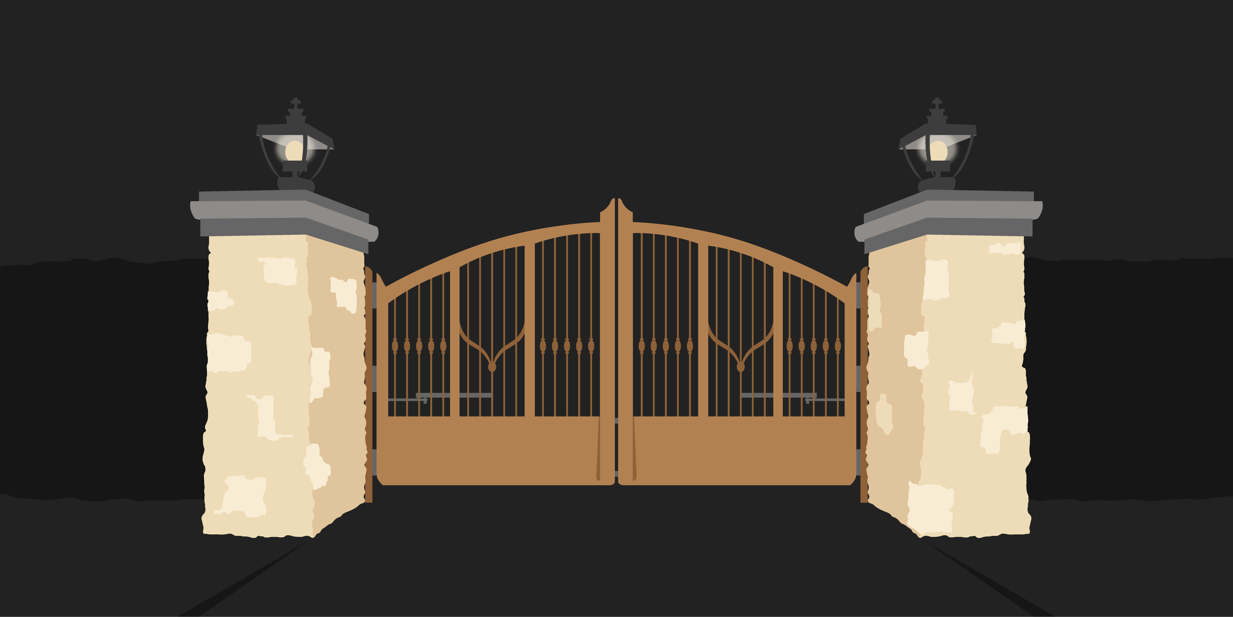 A tan concrete fence border with a brown wire closed fence. Two lanterns sit on either side of the fence.