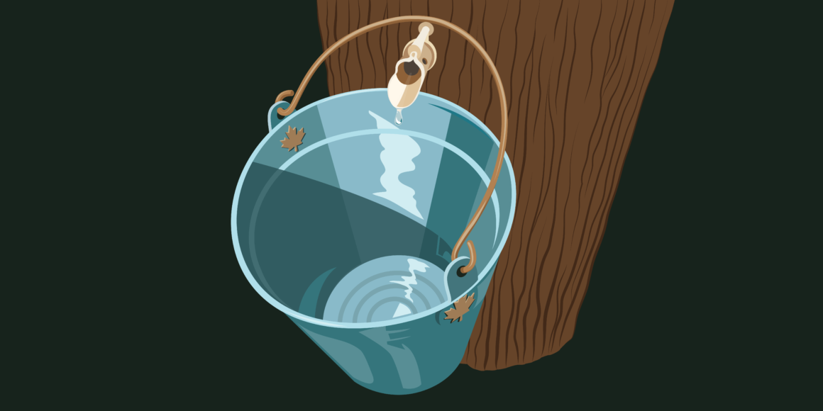 A dark brown tree log with dark brown lined texture. Off of this tree there is a maple tapping spout that is barely dripping into a teal bucket to signify the lack of investment in Canada.