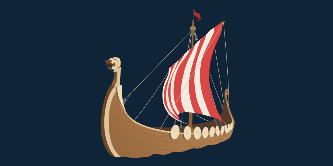 A brown and tan viking boat with a red and white flag on a navy blue background.