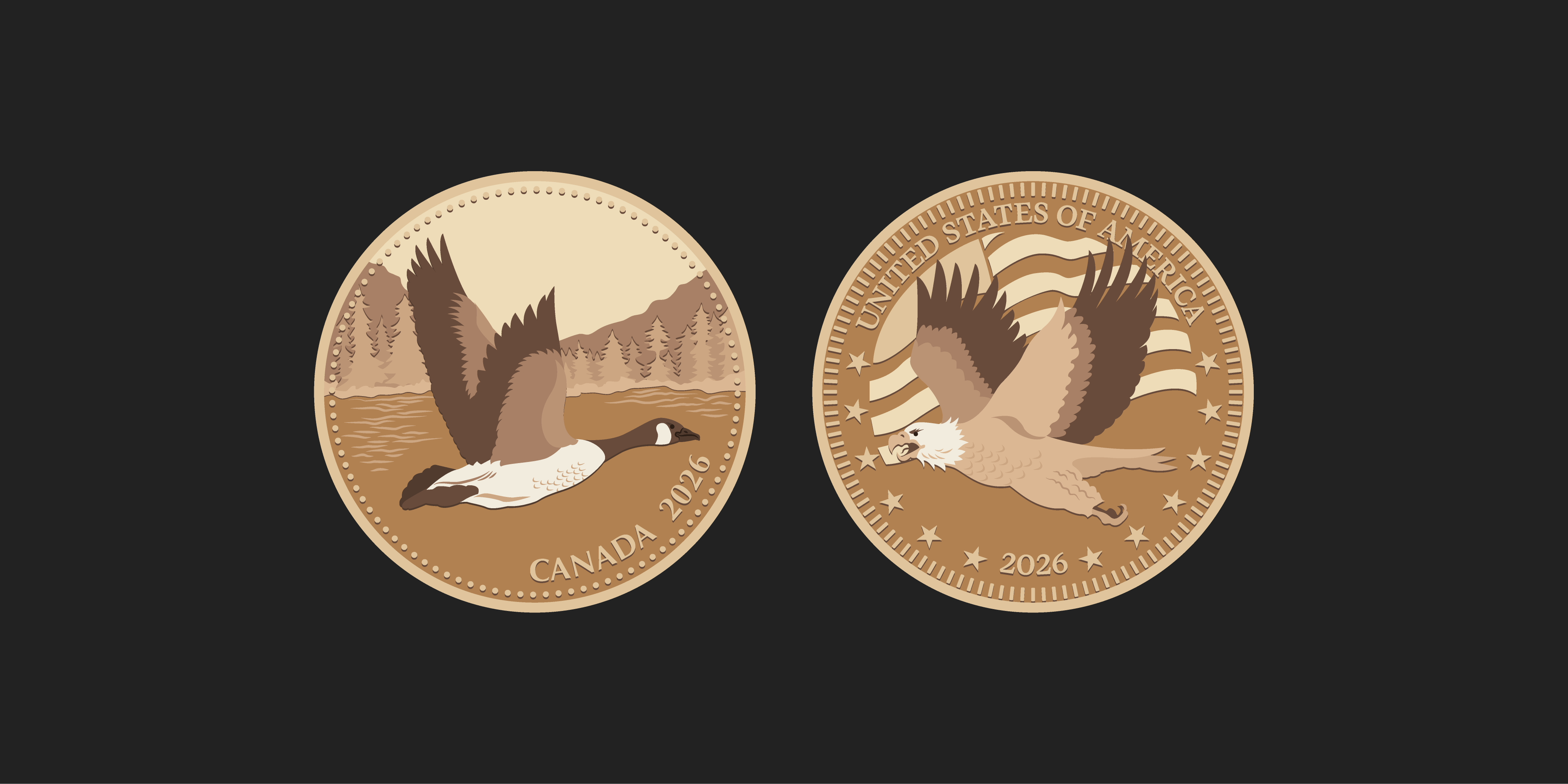 A black background with two gold coins sitting side by side. The coin on the left has a Canadian goose flying above water with mountains and trees in the background, with Canada 2026 written on the bottom edge of the coin. The coin on the right has an eagle flying with the US flag broken down in the background with stripes and stars. At the top of the coin it says United States of America and at the bottom it says 2026.