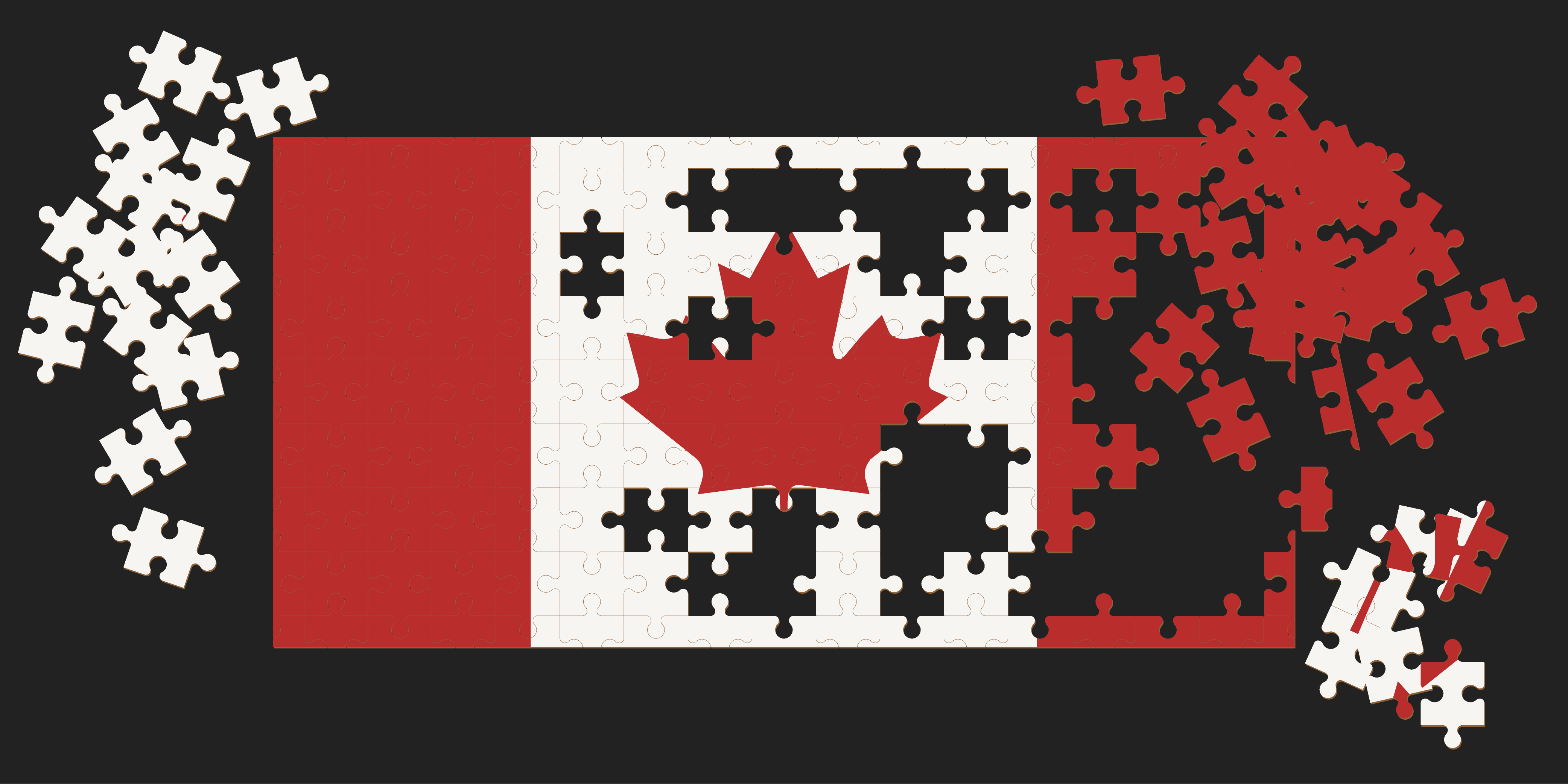 A Canadian flag made up of puzzle pieces. Half of the flag is done with the puzzle pieces and the other half has the pieces scattered around.
